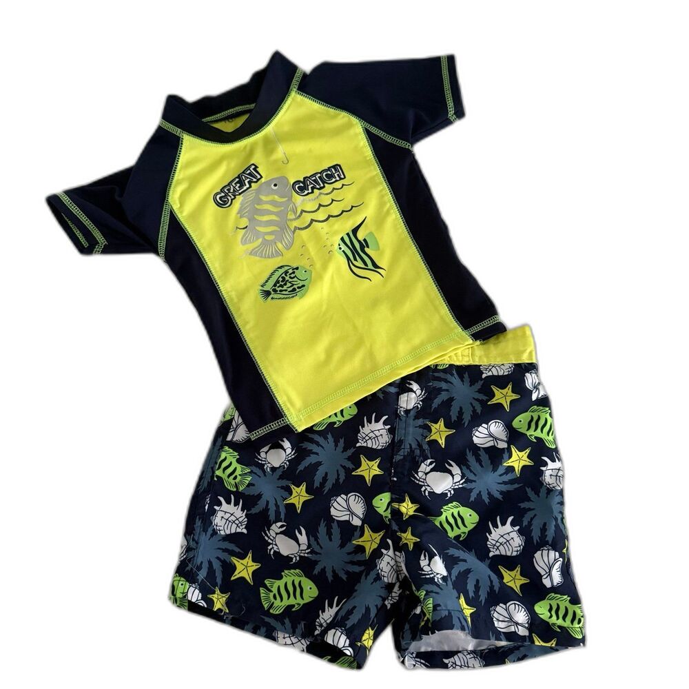 Mick Mack Toddler Boy 3T 2pc Swim Set Fishing Rash Guard Swim Trunks Yellow